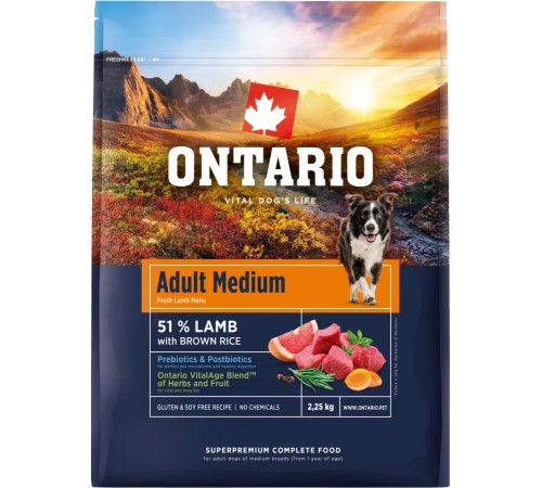 Ontario Adult Medium Lamb with Brown Rice NEW - сухий корм для дорослих собак середніх порід з ягням та коричневим рисом, 2,25кг