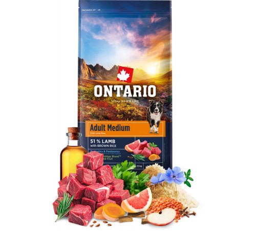 Ontario Adult Medium Lamb with Brown Rice NEW - сухий корм для дорослих собак середніх порід з ягням та коричневим рисом, 12кг