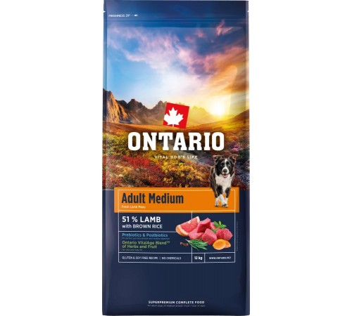 Ontario Adult Medium Lamb with Brown Rice NEW - сухий корм для дорослих собак середніх порід з ягням та коричневим рисом, 12кг