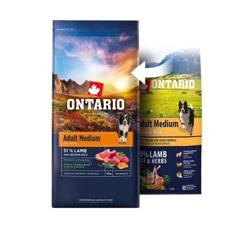 Ontario Adult Medium Lamb with Brown Rice NEW - сухий корм для дорослих собак середніх порід з ягням та коричневим рисом, 12кг