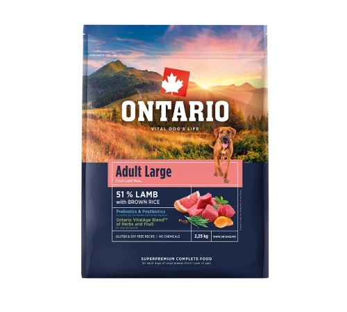 Ontario Adult Large Lamb with Brown Rice NEW - сухий корм для дорослих собак великих порід з ягням та коричневим рисом, 2,25кг