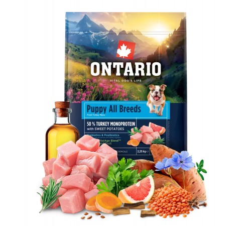 Ontario Puppy All Breeds Monoprotein Turkey with Sweet Potatoes NEW - сухий монопротеїновий корм для цуценят усіх порід з індичкою та солодкою картоплею, 2,25кг