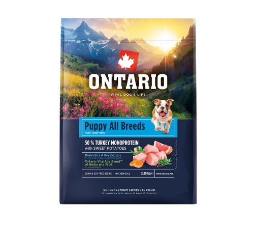 Ontario Puppy All Breeds Monoprotein Turkey with Sweet Potatoes NEW - сухий монопротеїновий корм для цуценят усіх порід з індичкою та солодкою картоплею, 2,25кг