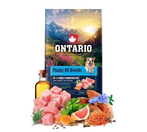 Ontario Puppy All Breeds Monoprotein Turkey with Sweet Potatoes NEW - сухий монопротеїновий корм для цуценят усіх порід з індичкою та солодкою картоплею, 6,5кг