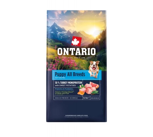 Ontario Puppy All Breeds Monoprotein Turkey with Sweet Potatoes NEW - сухий монопротеїновий корм для цуценят усіх порід з індичкою та солодкою картоплею, 6,5кг