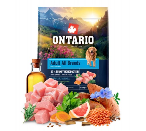 Ontario Adult All Breeds Monoprotein Turkey with Sweet Potatoes NEW - сухий монопротеїновий корм для дорослих собак усіх порід з індичкою та солодкою картоплею, 2,25кг