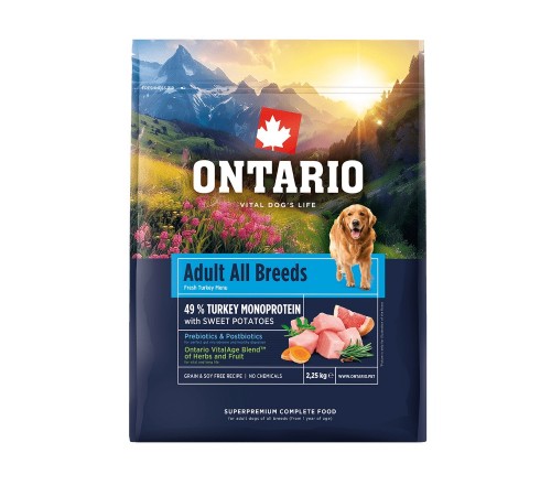 Ontario Adult All Breeds Monoprotein Turkey with Sweet Potatoes NEW - сухий монопротеїновий корм для дорослих собак усіх порід з індичкою та солодкою картоплею, 2,25кг