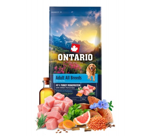 Ontario Adult All Breeds Monoprotein Turkey with Sweet Potatoes NEW - сухий монопротеїновий корм для дорослих собак усіх порід з індичкою та солодкою картоплею, 12кг