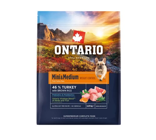 Ontario Mini and Medium Weight Control Turkey with Brown Rice NEW - сухий корм з індичкою та коричневим рисом для дорослих собак дрібних та середніх порід з надмірною вагою, 2,25кг
