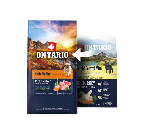 Ontario Mini and Medium Weight Control Turkey with Brown Rice NEW - сухий корм з індичкою та коричневим рисом для дорослих собак дрібних та середніх порід з надмірною вагою, 2,25кг