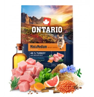 Ontario Mini and Medium Weight Control Turkey with Brown Rice NEW - сухий корм з індичкою та коричневим рисом для дорослих собак дрібних та середніх порід з надмірною вагою, 2,25кг