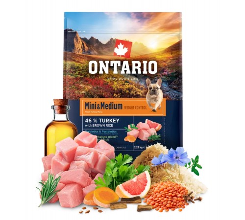 Ontario Mini and Medium Weight Control Turkey with Brown Rice NEW - сухий корм з індичкою та коричневим рисом для дорослих собак дрібних та середніх порід з надмірною вагою, 2,25кг
