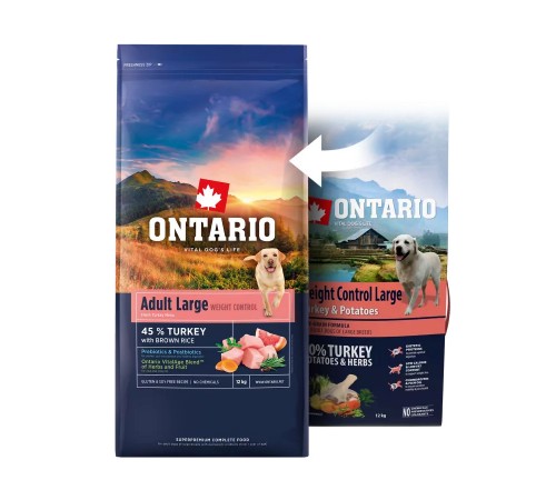 Ontario Adult Large Weight Control Turkey with Brown Rice NEW - сухий корм з індичкою та коричневим рисом для дорослих собак великих порід з надмірною вагою, 12кг