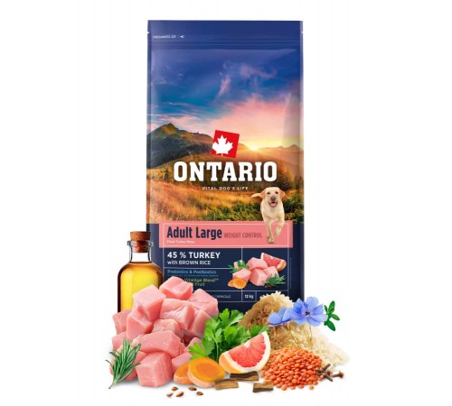Ontario Adult Large Weight Control Turkey with Brown Rice NEW - сухий корм з індичкою та коричневим рисом для дорослих собак великих порід з надмірною вагою, 12кг