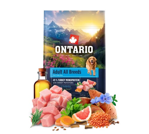 Ontario Adult All Breeds Monoprotein Turkey with Sweet Potatoes NEW - сухий монопротеїновий корм для дорослих собак усіх порід з індичкою та солодкою картоплею, 750г