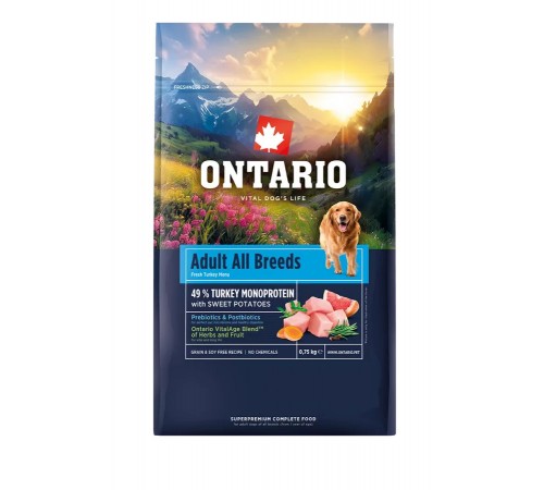 Ontario Adult All Breeds Monoprotein Turkey with Sweet Potatoes NEW - сухий монопротеїновий корм для дорослих собак усіх порід з індичкою та солодкою картоплею, 750г