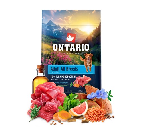 Ontario Adult All Breeds Monoprotein Tuna with Sweet Potatoes NEW - сухий монопротеїновий корм для дорослих собак усіх порід з тунцем та солодкою картоплею, 750г