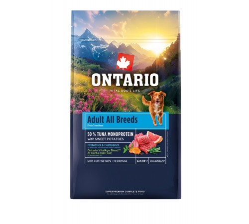 Ontario Adult All Breeds Monoprotein Tuna with Sweet Potatoes NEW - сухий монопротеїновий корм для дорослих собак усіх порід з тунцем та солодкою картоплею, 750г