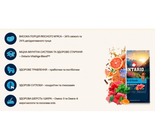Ontario Adult All Breeds Monoprotein Tuna with Sweet Potatoes NEW - сухий монопротеїновий корм для дорослих собак усіх порід з тунцем та солодкою картоплею, 750г