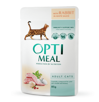 OptiMeal Adult Cats Rabbit in White sauce – консервований корм із кроликом у білому соусі для дорослих котів, 85г