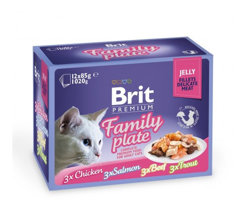Вологий корм для котів Brit Premium Cat Family Plate Jelly pouches 1020 г (асорті з 4 смаків «Сімейна тарілка» в желе)
