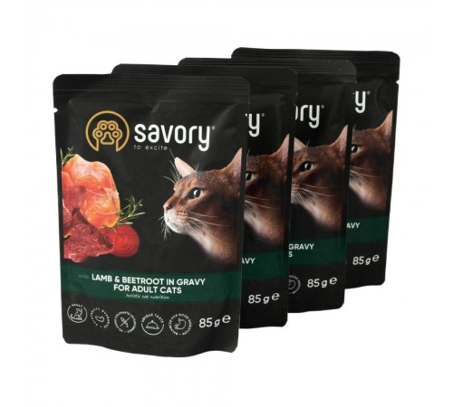 Набір корму для котів Savory Adult pouch 3+1 шт х 85 г - ягня та буряк