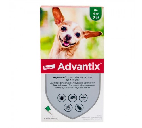 Краплі на холку для собак Elanco Bayer Advantix до 4 кг, 4 шт