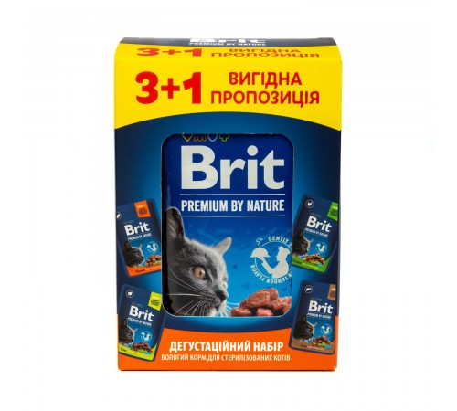 Набір вологого корму для котів Brit Premium Sterilised pouch 3+1 шт х 100 г - асорті
