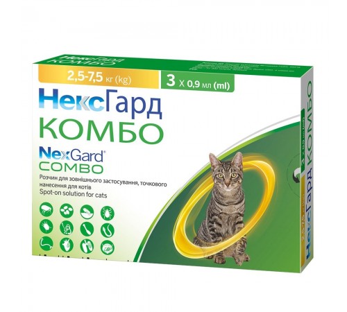 NexGard Combo by Boehringer Ingelheim Spot-ON L - краплі протипаразитарні на холку від бліх, кліщів та гельмінтів для котів 2,5-7,5кг, уп 3шт