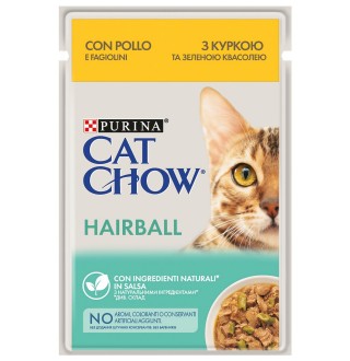 Purina Cat Chow Hairball - вологий корм шматочки у підливці з куркою та зеленою квасолею для виведення шерсті у котів, 85г