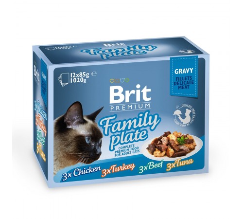Вологий корм для котів Brit Premium Cat Family Plate Gravy pouches 1020 г (асорті з 4 смаків «Сімейна тарілка» в соусі)