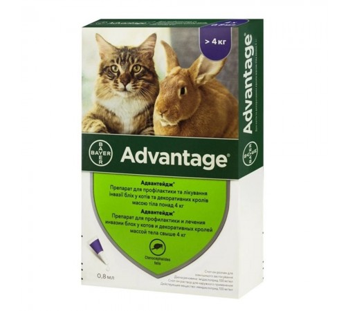 Advantage by Elanco-Bayer - протипаразитарні краплі від бліх для котів і кролів від 4-8кг