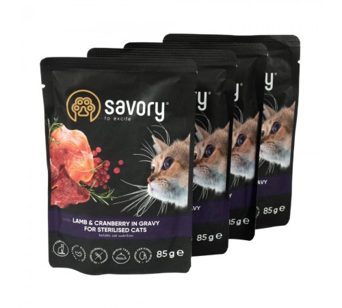 Набір корму для котів Savory Sterilised pouch 3+1 шт х 85 г - ягня та журавлина