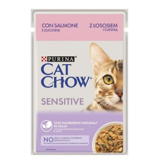 Purina Cat Chow Sensitive – вологий корм шматочки в соусі з лососем та цукіні для котів з чутливим травленням, 85г
