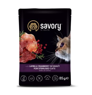 Savory Пауч для Стерилізованих котів та кішок з Ягням та Журавлиною у Соусі, 85г