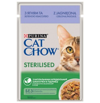 Purina Cat Chow Sterilized - вологий корм шматочки в підливі з ягням та зеленою квасолею для дорослих стерилізованих котів, 85г