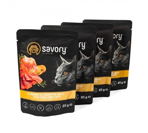 Набір корму для котів Savory Sterilised pouch 3+1 шт х 85 г - індичка та морква