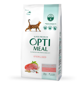 OptiMeal Sterilized Cat Beef&Sorghum - сухий корм із високим вмістом яловичини та сорго для стерилізованих котів, 1,5кг