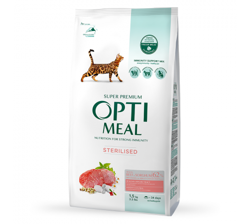 Сухий корм для стерилізованих котів Optimeal Adult Cat Sterilised Beef Sorghum 1,5 кг - яловичина та сорго
