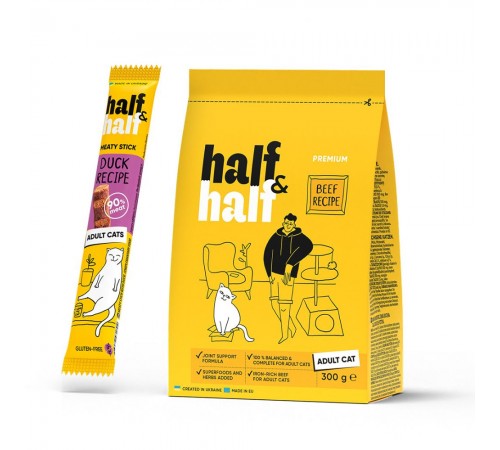 Сухий корм для котів Half&Half Adult 300 г - яловичина + Ласощі - качка