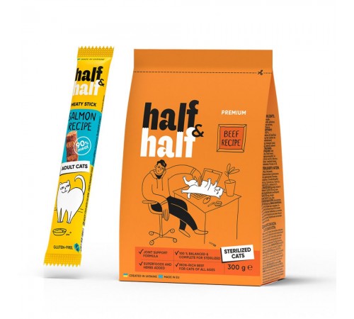 Сухий корм для котів Half&Half Sterilized 300 г - яловичина + Ласощі - лосось