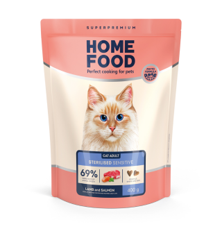 Home Food Adult with Sensitive Digestion - сухий корм з ягням та лососем для дорослих котів з чутливим травленням, 400г