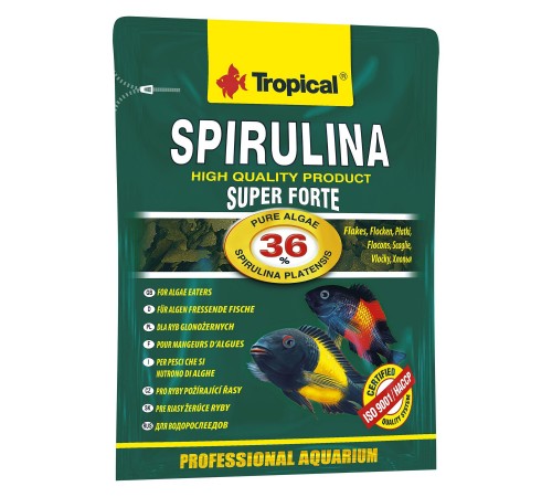 Сухий корм для акваріумних риб Tropical в пластівцях «Super Spirulina Forte» 12 г (для травоїдних риб)