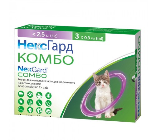 NexGard Combo by Boehringer Ingelheim Spot-ON L - краплі протипаразитарні на холку від бліх, кліщів та гельмінтів для котів 0,8-2,5кг, уп 3шт