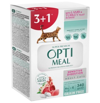 Набір 3+1 вологий беззерновий корм для котів з чутливим травленням Optimeal, 340 г (індичка та ягня)