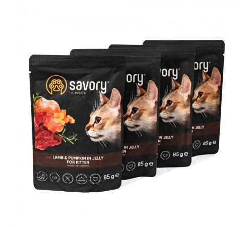 Набір корму для кошенят Savory Kitten pouch 3+1 шт х 85 г - ягня та гарбуз