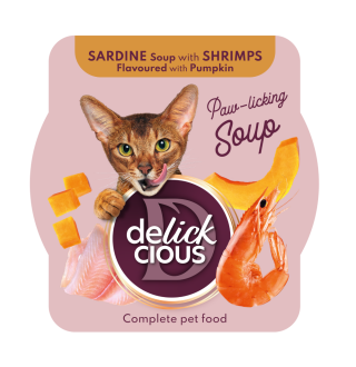 Delickcious Sardine Soup with Shrimps Flavoured with Pumpkin - повнораціонний вологий корм-суп із сардини з креветками та гарбузом для дорослих котів, 80г