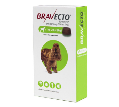 Таблетки для собак Bravecto від 10 до 20 кг, 1 шт