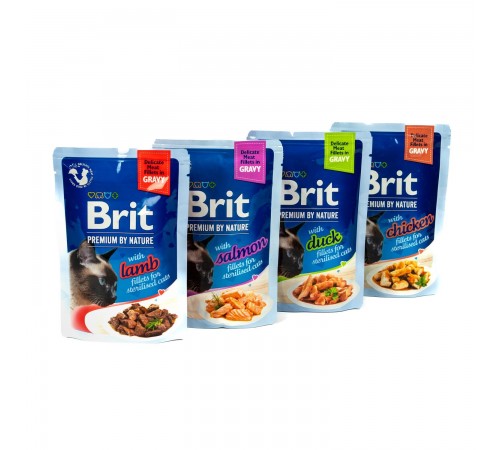 Набір вологого корму для котів Brit Premium Delicate Fillets in Gravy Chicken for Sterilised pouch 3+1 шт х 85 г - асорті