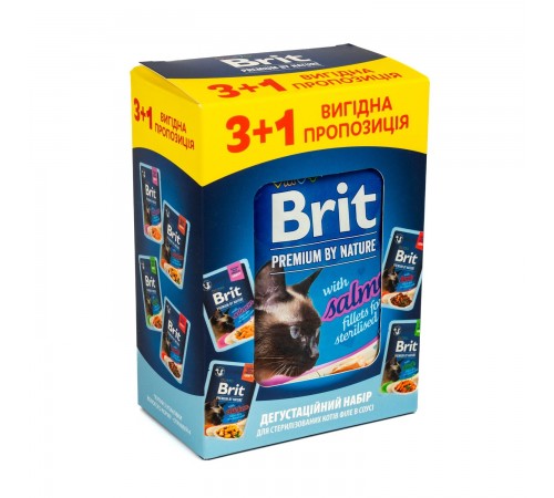 Набір вологого корму для котів Brit Premium Delicate Fillets in Gravy Chicken for Sterilised pouch 3+1 шт х 85 г - асорті